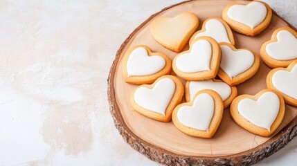 A collection of heart-shaped Valentine's Day cookies decorated with red, pink, and white icing, arranged on a wooden board with a light, textured background.