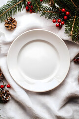 Mockup of Christmas plate on festive light background with decorations