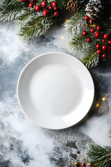 Mockup of Christmas plate on festive light background with decorations