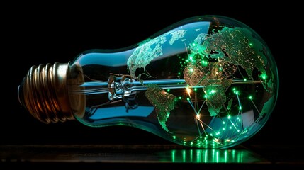 Illuminated Glass Lightbulb Encasing a World Map with Green Connections