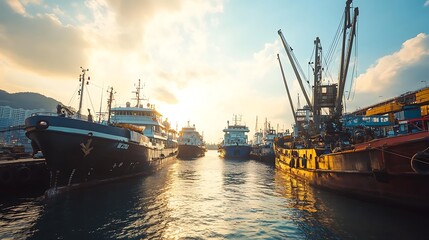 Obraz premium Golden Sunset Over Harbor Docked Fishing Vessels