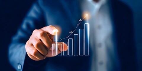 Startup business and investment concept. Planning and starting corporate business start up, Rocket icon soars with speed to hit the growth target, Businessman is touching the growing business graph. W