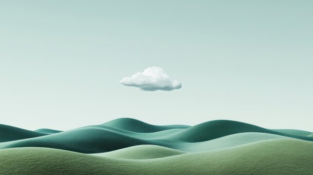 A single cloud floats above rolling green hills