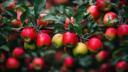 Obraz premium Apple harvest idea. Vibrant apples on a tree branch, showcasing a mix of red and green fruits.