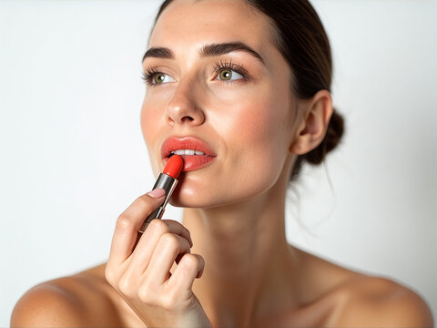 Woman is applying lipstick with a red shade