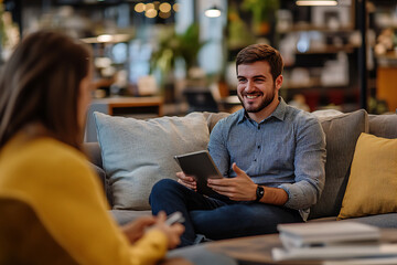 Male consultant using a digital tablet to present information to a client during a casual office meeting