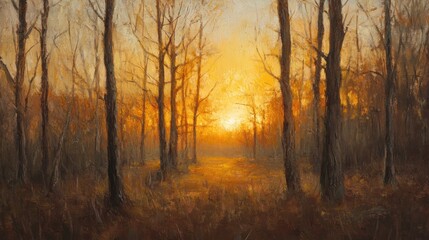 Fototapeta premium Golden Sunset Through Autumn Woods Landscape Painting