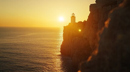 Lighthouse Sunset Cliffside Ocean Golden Hour Scene
