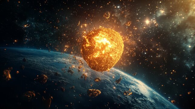 A glowing, fiery meteorite hurtles toward Earth, surrounded by debris and cosmic elements. The dramatic depiction of space and the planet below creates a sense of urgency and celestial awe, ideal for