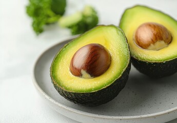 Fresh Sliced Avocado Halves with Seed on a White Plate