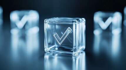 Transparent glass block with a check mark symbol