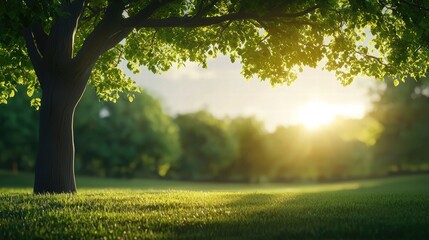 Fototapeta premium Serene sunset through lush green tree leaves