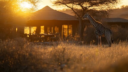 Giraffe Silhouette at Sunset Near African Lodge