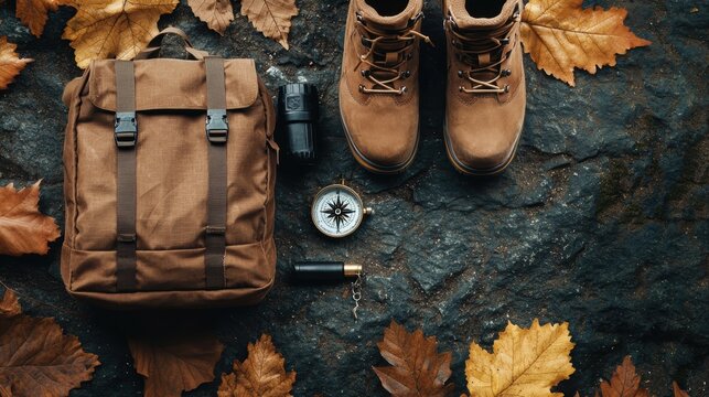 Autumn hiking gear laid out on rocky ground