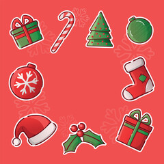 Merry Christmas cute cartoon card template design stickers clipart with Christmas symbols. Christmas balls, Christmas tree, boxes with gifts, Santa Claus hat, snowflakes on a red background