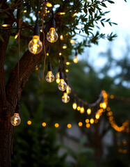 Decorative outdoor string  lights hanging on tree, realistic, with white tones