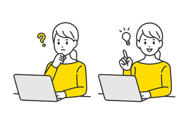 パソコンを見て疑問を持つ･ひらめきのポーズをする若い女性のセット【人物ベクターイラスト素材】
