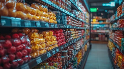 Fototapeta premium Grocery store shelves with vibrant fruit displays