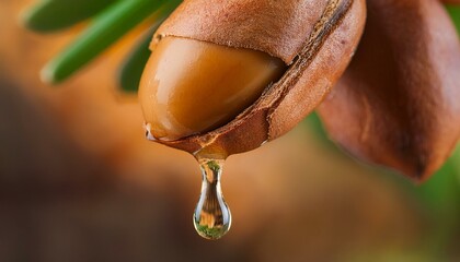 Golden argan nut oil dripping, close-up.