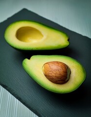 Two ripe avocados, halved and showcasing their vibrant yellow flesh and dark brown pits, rest on a sleek black slate.