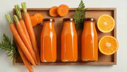 Fresh carrot and orange juice bottles, healthy and vibrant.