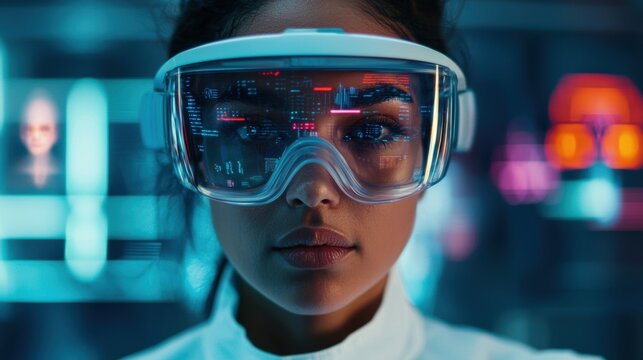 Woman in Futuristic Glasses Engaged with Holographic Technology