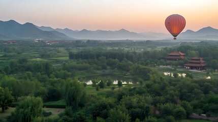 Naklejka premium Hot Air Balloon Soaring Over Lush Green Landscape and Mountains