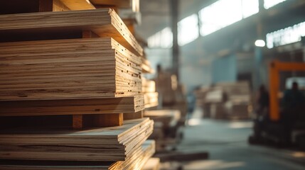 Obraz premium Close-up view of a large stack of plywood sheets in a workshop setting
