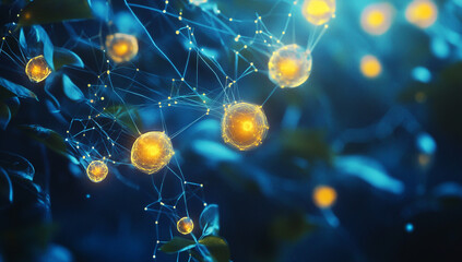 Abstract futuristic background with blue and yellow glowing elements, circles of light