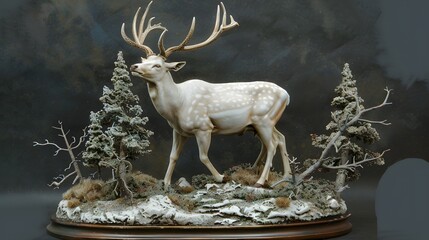 A majestic white deer with perfect antlers, on the mountain and the beautiful view of the full moon at night