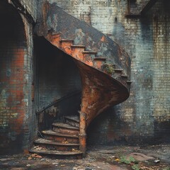 Rusty staircase spiraling into an empty void in an abandoned building, mysterious and eerie.