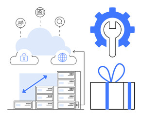 Cloud computing with data servers, icons for user access, analytics, cybersecurity, and global connectivity. Gear icon and gift box. Ideal for tech services, IT management, data security