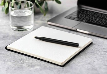 Minimalist Workspace with Notebook Pen Glass Water and Laptop