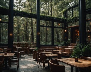 Fototapeta premium Modern restaurant interior with wooden tables and plants, featuring ample natural light and a sleek design for dining.