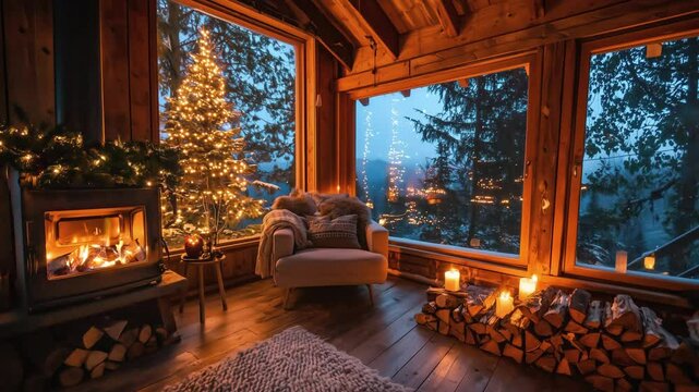 Cozy cabin with fireplace and Christmas tree lights