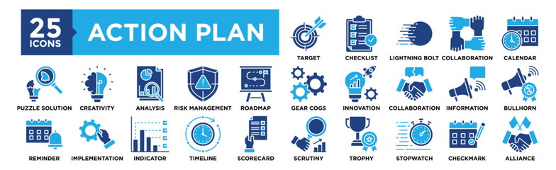 Action Plan icon collection set. Containing design strategy, plan, business, success, management	