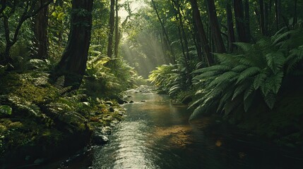 Obraz premium Forest view, lush trees, clean stream