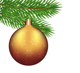 Merry Christmas poster card design. Christmas golden ball with patterns of snowflakes on a Christmas tree branch on a transparent background