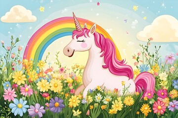 A white unicorn with a colorful mane in a fairy tale world horse, children, graphic, fantasy, pony, mane, rainbow, dream, fairy, mammal, mythology, print, silhouette, emblem, imagination, legend
