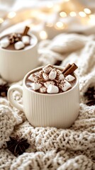 Cozy mugs of hot chocolate topped with marshmallows and cinnamon sticks on a warm blanket.