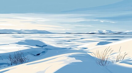 Serene Winter Landscape With Snowy Plains And Distant Mountains