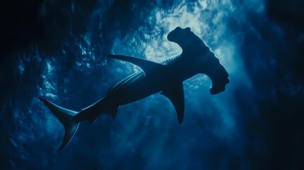Obraz premium Silhouette of a hammerhead shark swimming in dark blue ocean water, backlit by sunlight.