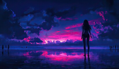 elegant woman standing on a rocky shore and looking at the beautiful sea at sunset