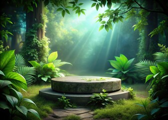 Rustic summer forest scene: empty stone podium, low light, perfect for showcasing nature products.