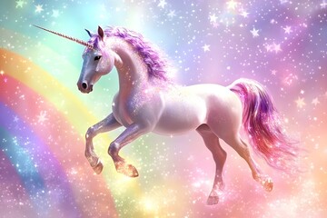 A white unicorn with a colorful mane in a fairy tale world horse, children, graphic, fantasy, pony, mane, rainbow, dream, fairy, mammal, mythology, print, silhouette, emblem, imagination, legend
