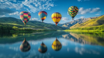 Four brightly colored hot air balloons float above a tranquil lake reflecting the surrounding lush green landscape. The morning light enhances the peaceful, dreamlike quality of the scene, creating a