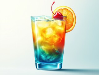 A vibrant cocktail in a glass with ice, garnished with an orange slice and cherry.