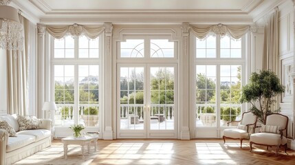 Fototapeta premium Luxurious living room with large windows, French doors, and elegant furniture overlooking a scenic garden.