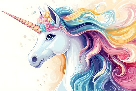A white unicorn with a colorful mane in a fairy tale world horse, children, graphic, fantasy, pony, mane, rainbow, dream, fairy, mammal, mythology, print, silhouette, emblem, imagination, legend
