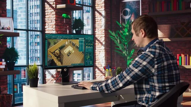 Man doing remote work on computer screen, moving assets in 3D modeling program. Teleworking interior designer using computer aided architectural design software on PC, camera A